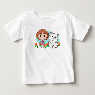 Camiseta Para Bebê gato, menina e tulipas