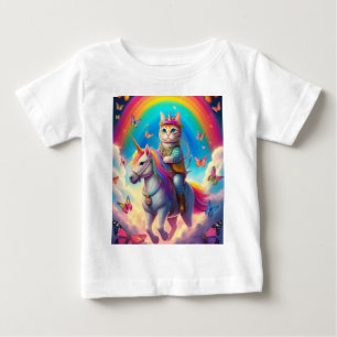 Camiseta Para Bebê Gato Montando Unicórnio com Arco-íris e Borboletas
