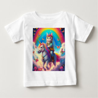Camiseta Para Bebê Gato Montando Unicórnio com Arco-íris e Borboletas
