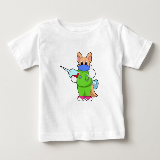 Camiseta Para Bebê Gato na Vacinação com Seringa (Frente)