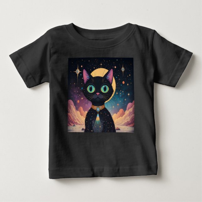 Camiseta Para Bebê Gato Negro Cósmico de Futuro Atômico à Lua (Frente)
