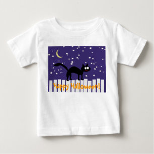 Camiseta Para Bebê Gato Negro Halloween na Cerca