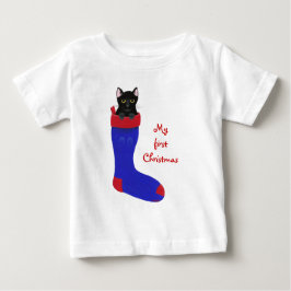 Camiseta Para Bebê Gato Negro no Natal estocando o primeiro Natal