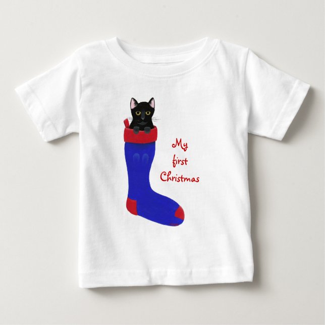 Camiseta Para Bebê Gato Negro no Natal estocando o primeiro Natal (Frente)