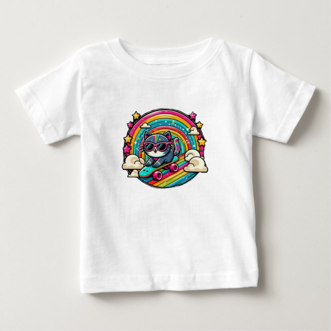 Camiseta Para Bebê Gato num Bebê de skate (Frente)