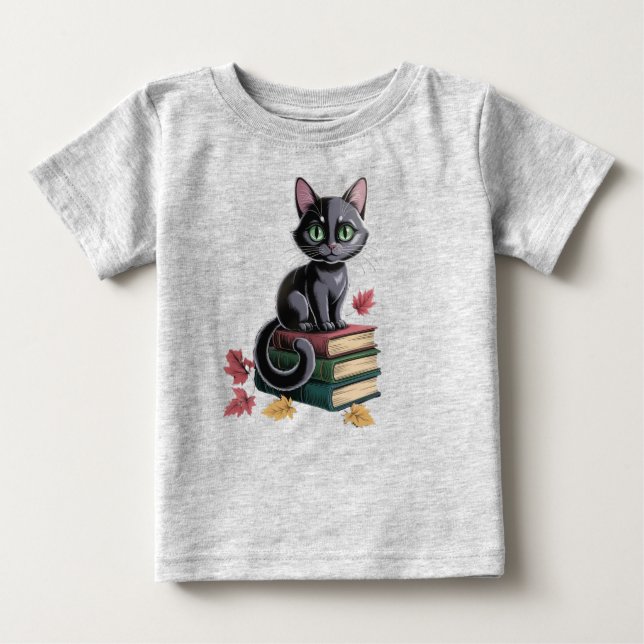Camiseta Para Bebê Gato preto bonito em livros Toddler T-Shirt (Frente)