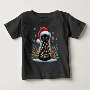 Camiseta Para Bebê Gato Preto Chapéu de Natal do Papai Noel Engraçado