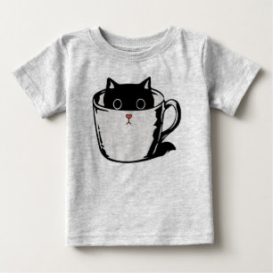 Camiseta Para Bebê Gato preto com nariz vermelho escondido em um copo