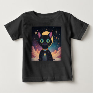 Camiseta Para Bebê Gato Preto Cósmico Futurista Atômico ao Luar