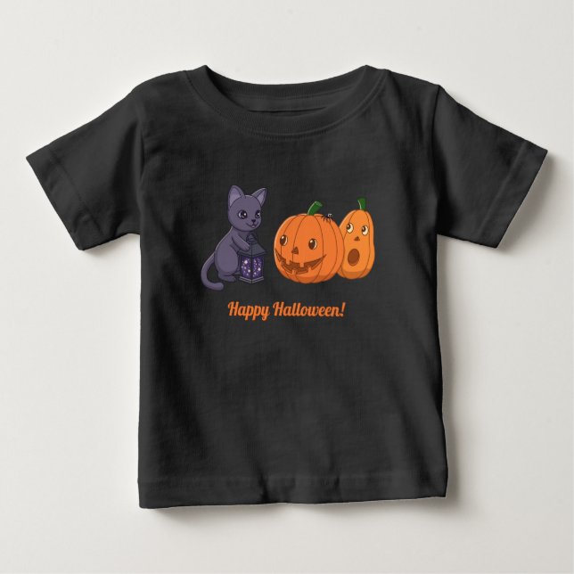 Camiseta Para Bebê Gato Preto de Halloween, Abóboras, Lanterna Mágica (Frente)