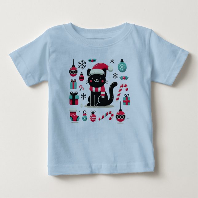 Camiseta Para Bebê Gato Preto de Natal (Frente)