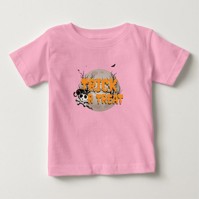 Camiseta Para Bebê Gato Preto e Caveira ou Treta no Halloween (Frente)