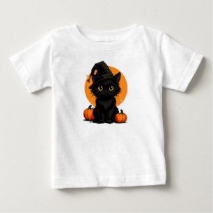 Camiseta Para Bebê Gato Preto em Abóboras sob Lua Cheia