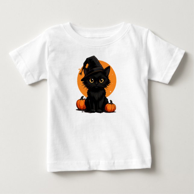Camiseta Para Bebê Gato Preto em Abóboras sob Lua Cheia (Frente)