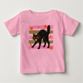 Camiseta Para Bebê Gato Preto Fofo de Halloween com Listras Rosa e Ve