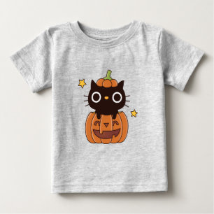 Camiseta Para Bebê Gato Preto Fofo de Halloween em Abóbora Bebê