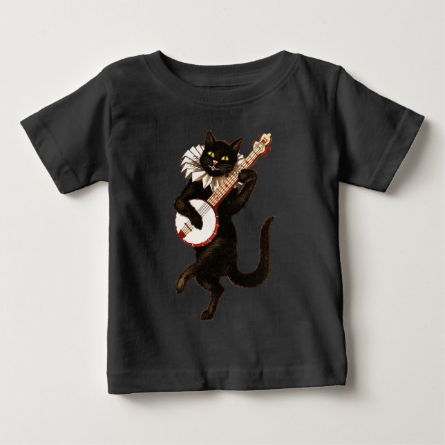 Camiseta Para Bebê Gato preto que joga o banjo (Frente)