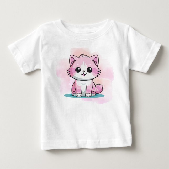 Camiseta Para Bebê Gato Rosa Fofo Aquarela Desenho Animal  (Frente)