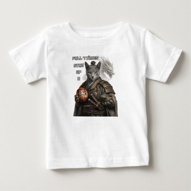 Camiseta Para Bebê Gato Samurai Azul Russo (Frente)