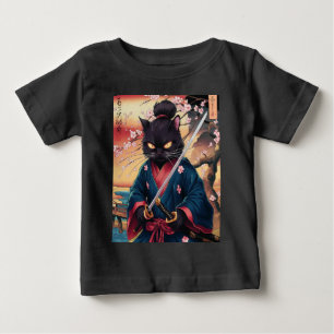 Camiseta Para Bebê Gato Samurai Japonês Fofo