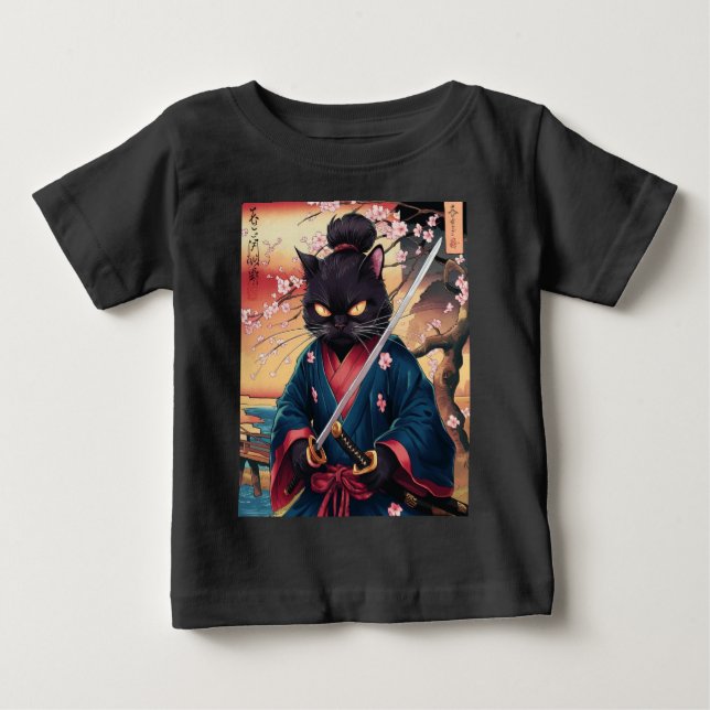 Camiseta Para Bebê Gato Samurai Japonês Fofo  (Frente)