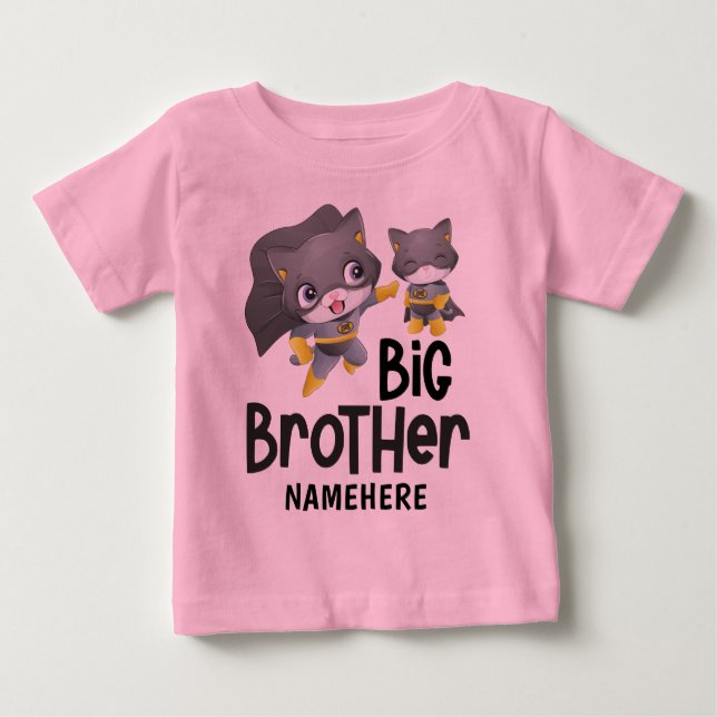 Camiseta Para Bebê Gato Super-Herói Irmão Mais Velho Ilustração Nome  (Frente)