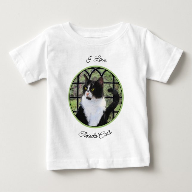 Camiseta Para Bebê Gato Tuxedo na Janela Pintura Arte Animal Original (Frente)