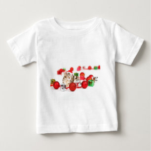 Camiseta Para Bebê Gato usando enfeite de Natal chapéu vermelho de Pa