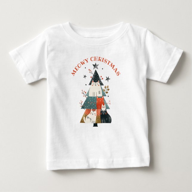 Camiseta Para Bebê Gatos De Aquarelas Árvore Xmas Fúria Feliz Natal (Frente)