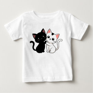 Camiseta Para Bebê Gatos de Desenho Animado Fofos Preto e Branco