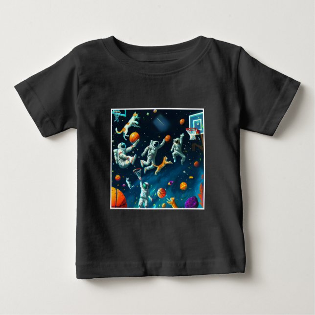 Camiseta Para Bebê Gatos Jogando Basquete no Espaço com Astronautas (Frente)