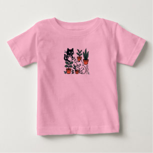 Camiseta Para Bebê Gatos Pretos e Brancos Cultivando Plantas