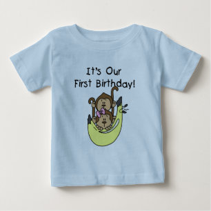 Camiseta Para Bebê Gêmeos - primeiro aniversario de Macaco Menino e R