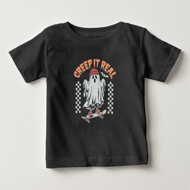 Camiseta Para Bebê Ghost do Skate de Halloween Retron Creme (Frente)