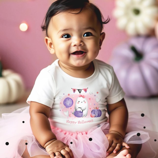 Camiseta Para Bebê Ghost Ghost Bonito Rosa Proxo Nome da Rapariga (Halloween Cute Ghost Boo Pink Purple Girl Name Baby T-Shirt)