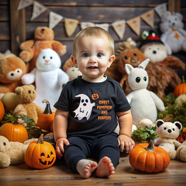 Camiseta Para Bebê Ghost, pumpkin and diapers on Halloween (Criador carregado)