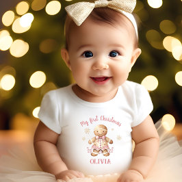 Camiseta Para Bebê Gingerbird Man Girl Pink Name Primeiro Natal