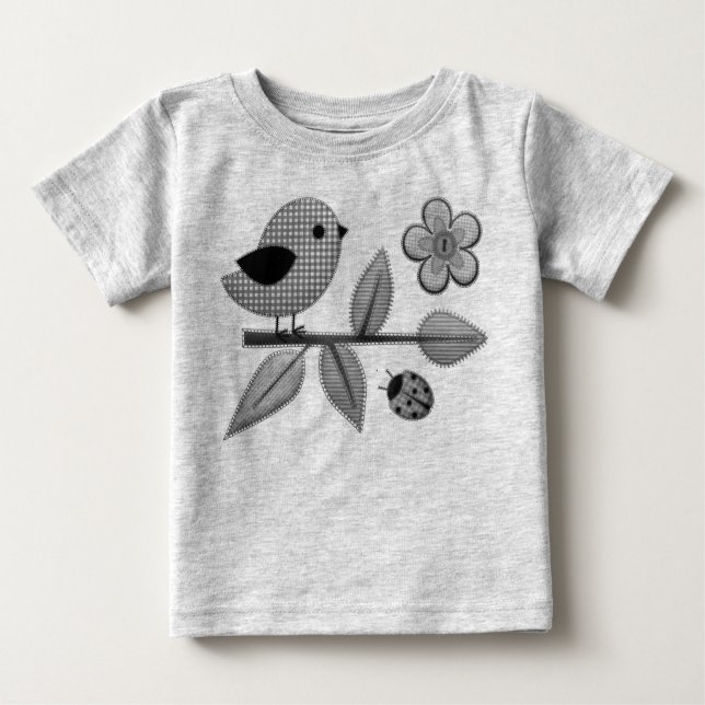 Camiseta Para Bebê Gingham Bird e Ladybug Garden Art (Frente)