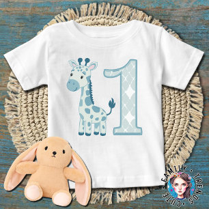 Camiseta Para Bebê Girafa Azul de 1º aniversário