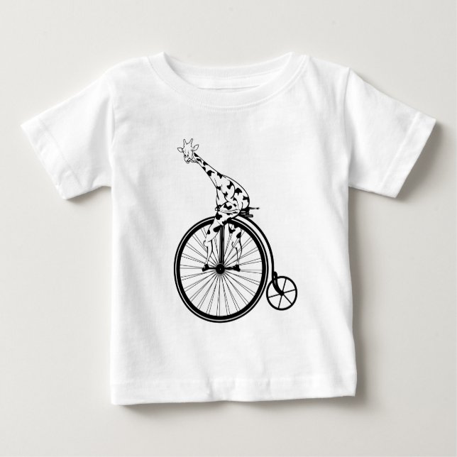 Camiseta Para Bebê Girafa branca e preta andando de bicicleta (Frente)