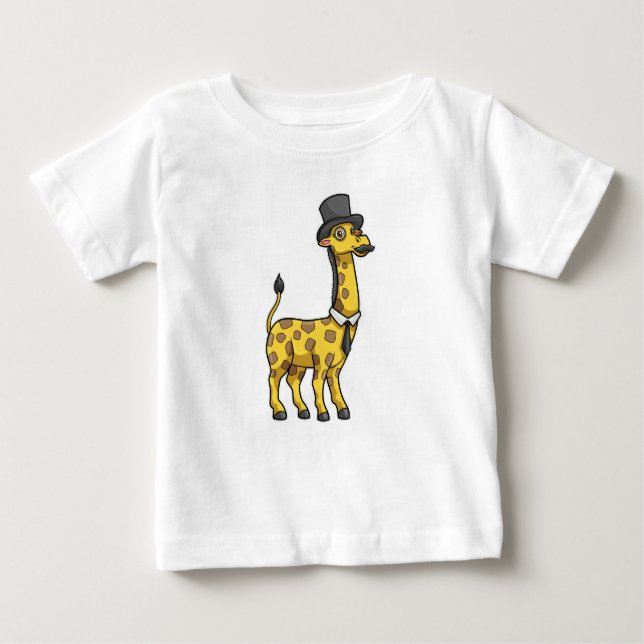 Camiseta Para Bebê Girafa como Cavalheiro com Chapéu, Gravata e Bigod (Frente)