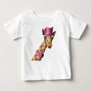 Camiseta Para Bebê Girafa de chapéu rosa brilhante