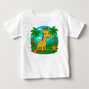 Camiseta Para Bebê Girafa de desenho animado fofa em uma paisagem tro