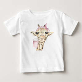 CAMISETA PARA BEBÊ GIRAFA MARROM ADORÁVEL CHAPÉU ROSA E XÍCARA