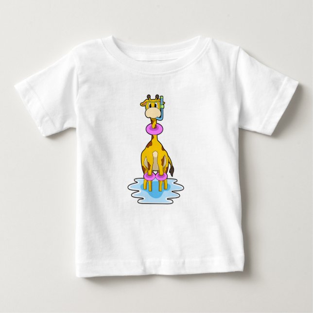 Camiseta Para Bebê Girafa Nadando com anel de Natação (Frente)