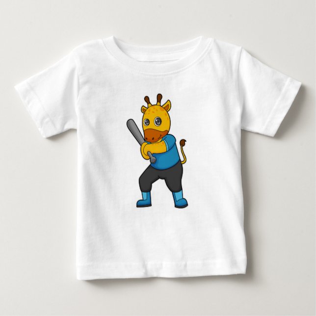 Camiseta Para Bebê Girafa no Baseball com Baco de Beisebol (Frente)