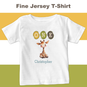 Camiseta Para Bebê Girafa primeiro aniversario um com nome azul