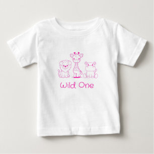 Camiseta Para Bebê Girafa "Selvagem", Leão, Hipopótamo Contorno Rosa