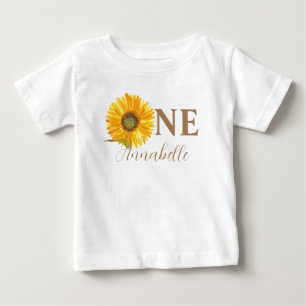 Camiseta Para Bebê Girassol 1º Aniversário Aquarela Amarelo Bebê