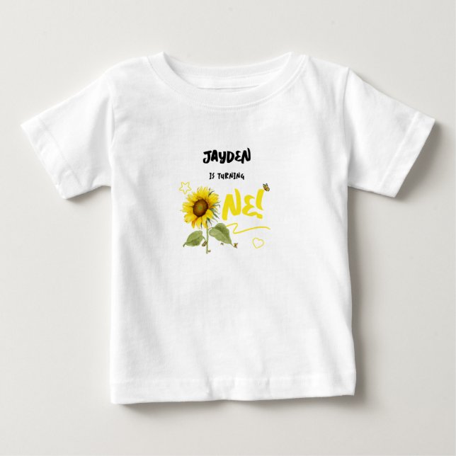 Camiseta Para Bebê Girassol Aquarela com Borboletas 1º Aniversário (Frente)